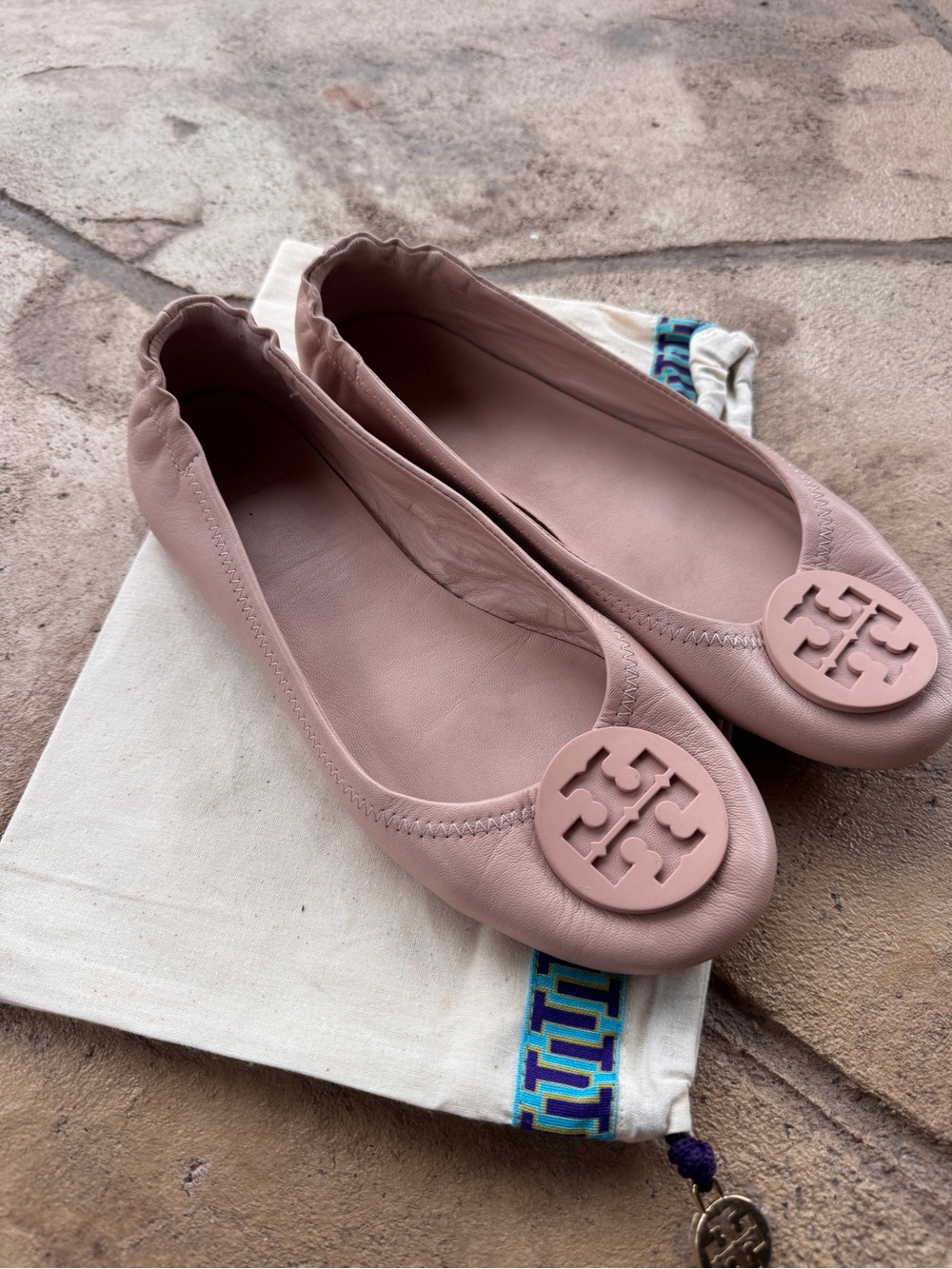 Tory Burch Minnie Travel Ballet Flats Pink Leather Logo Women’s Size 8